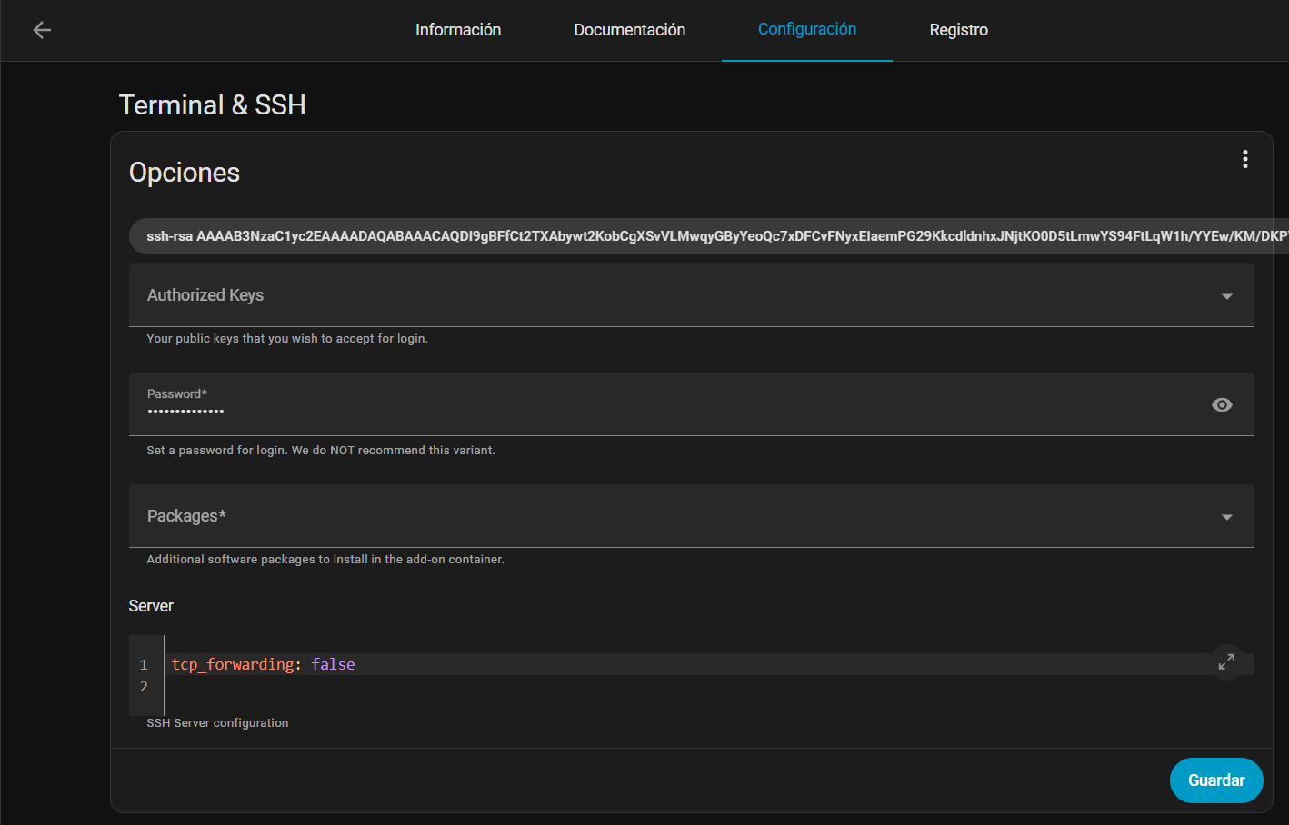 Datos configuración complemento SSH
